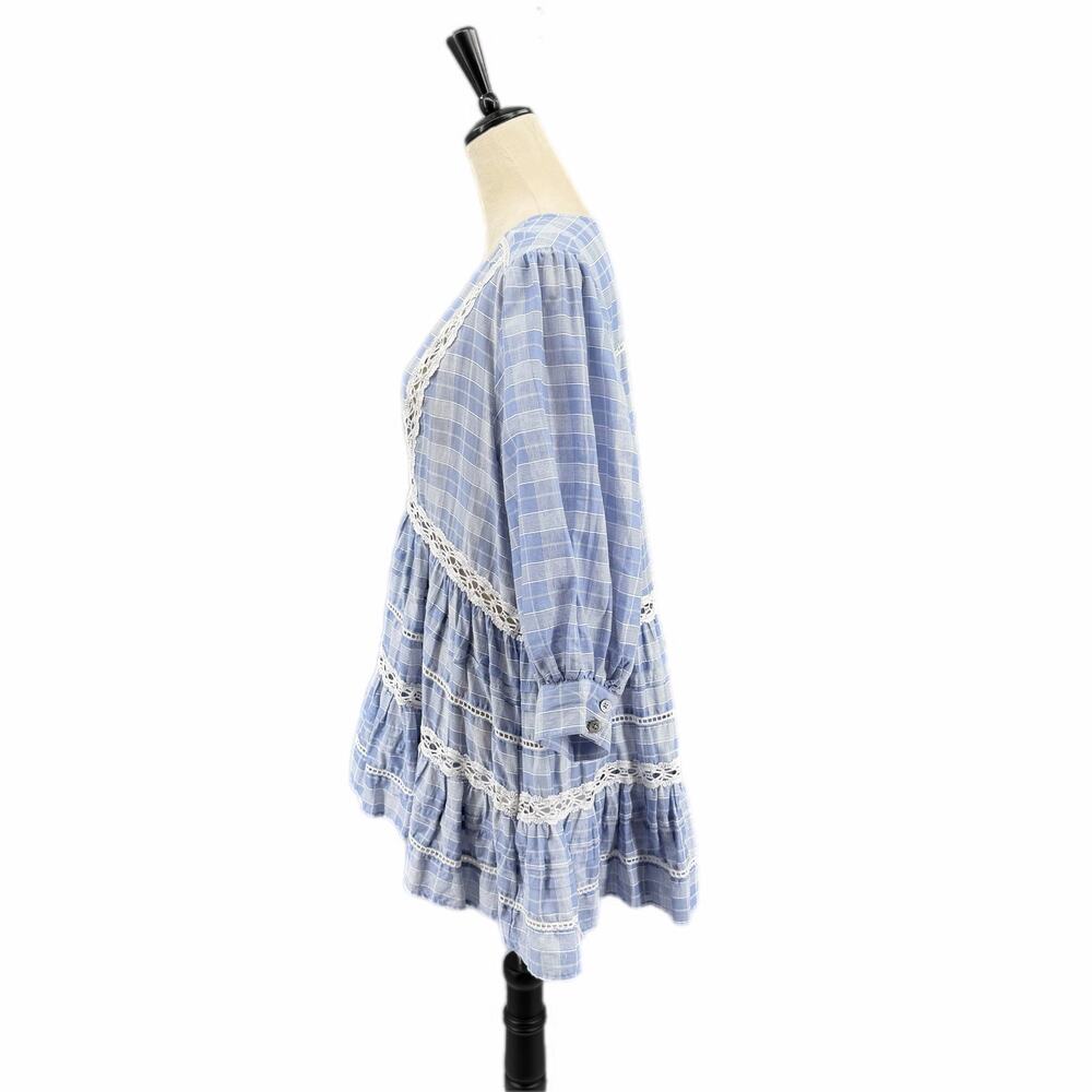 Free People Time Out Plaid Lace Trim 3/4 Sleeve Blue White 100% Cotton Tunic Top - Picture 3 of 10